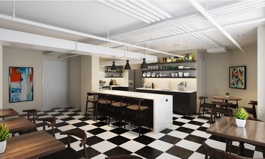 a kitchen and dining room with a checkered floor and a bar with chairs